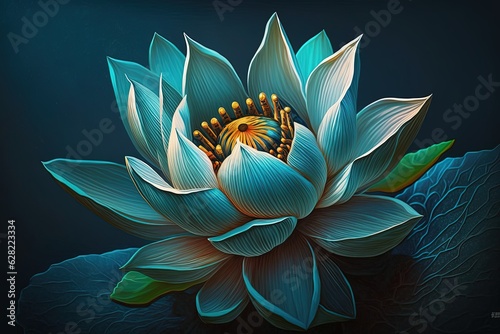 A painting of a blue flower with green leaves