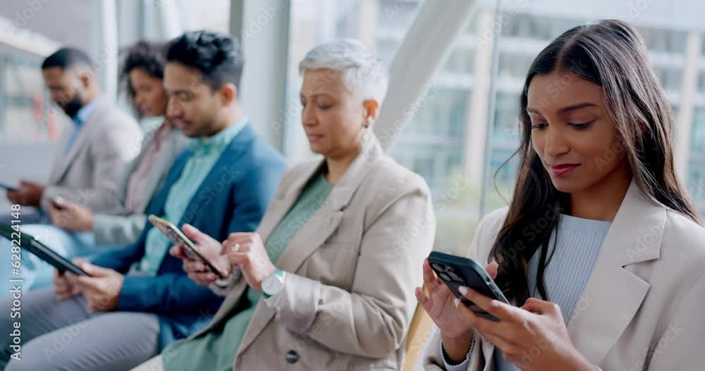 Recruitment, technology and waiting room row of business people research for interview, human resources or candidate. HR choice, online social media team and group for job experience search in India