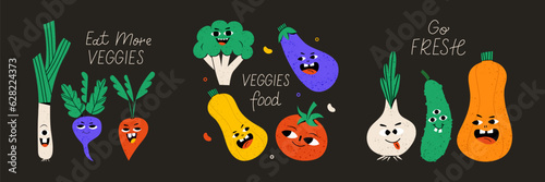 Set of 3 postcards. Cute vegetable character with funny kawaii face. Hand drawn cartoon cute illustration for stickers, posters, wall art. Summer print. 