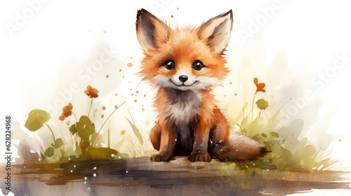 creative watercolor illustration of a cute little fox. Generative AI