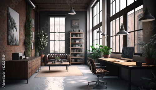 Modern office interior in loft industrial style 4k UH Generative Ai © Abonti