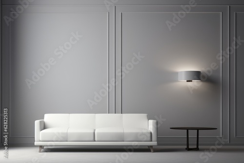 Modern living room with white sofa, black coffee table, and gray wall with white lamp. Generative AI