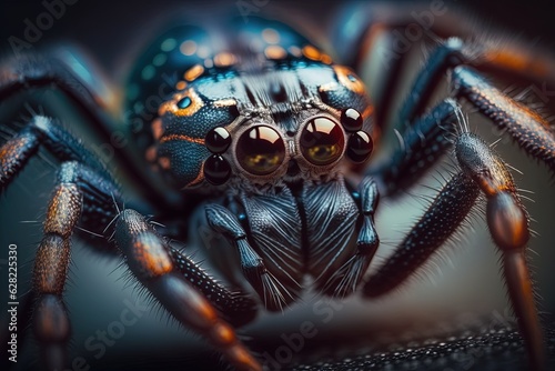 A close up of a blue jumping spider