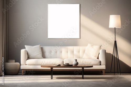 Modern living room with white sofa  wooden coffee table  floor lamp  and gray wall with white frame. Generative AI