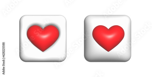 A white button with a red heart. Design for websites, applications of social groups and communities. 3d style. Volumetric visualization