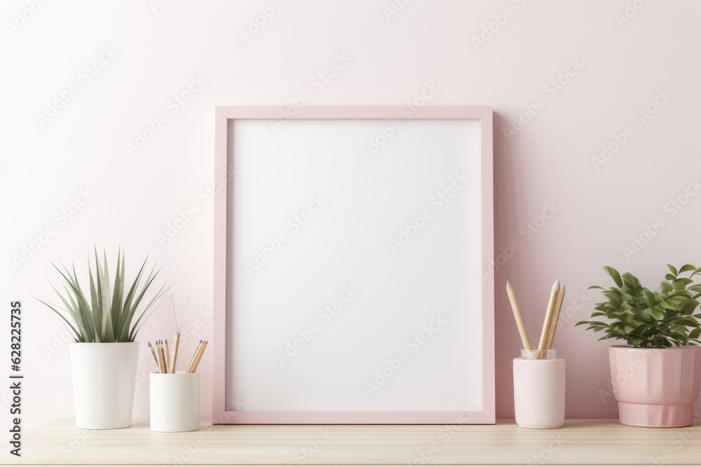 Creative Workspace with Pink Picture Frame and Potted Plants. Generative AI Creative Workspace with Pink Picture Frame and Potted Plants. Generative AI