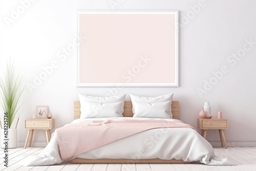 Cozy Pink Bedroom with Wooden Nightstand and White Lamp. Generative AI