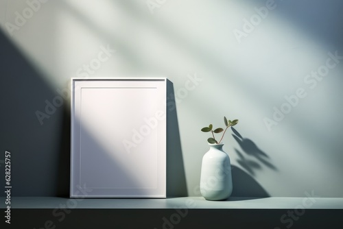 Minimalist White Frame, Vase, and Plant on Shelf. Generative AI
