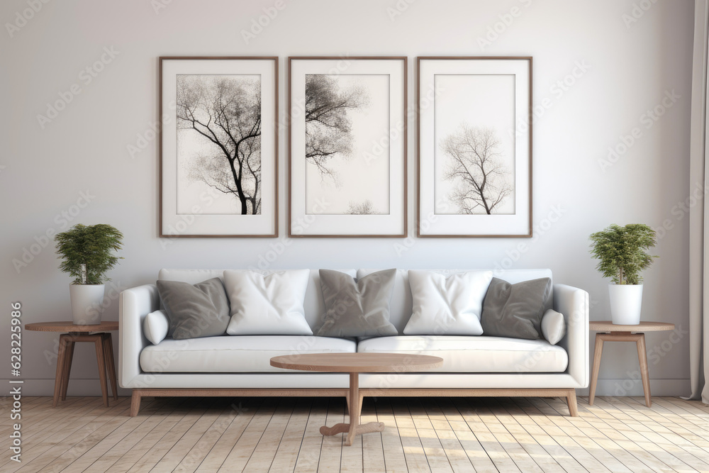 Fototapeta premium Modern Living Room with White Sofa and Green Plants. Generative AI