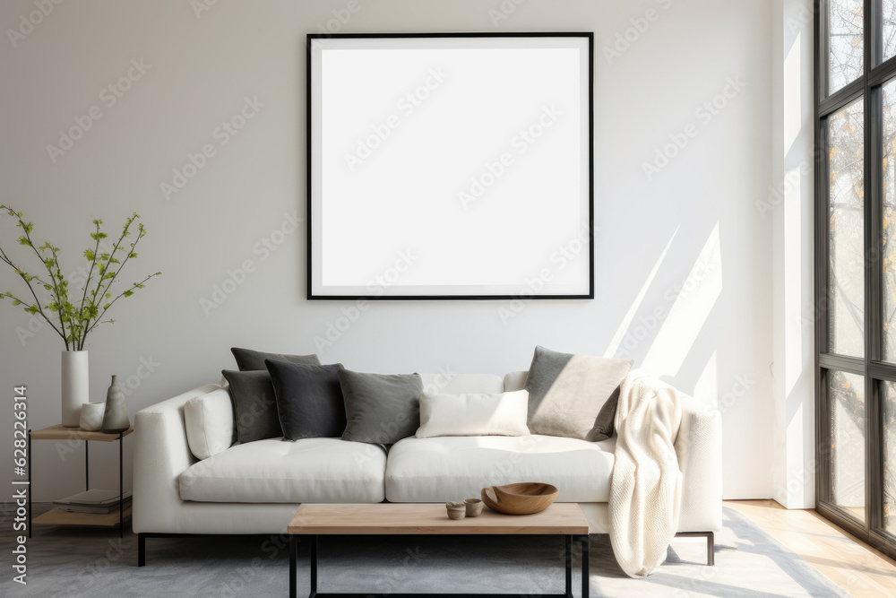 ock up poster frame in Sunlit Modern Living Room with White Sofa. Generative AI ock up poster frame in Sunlit Modern Living Room with White Sofa. Generative AI