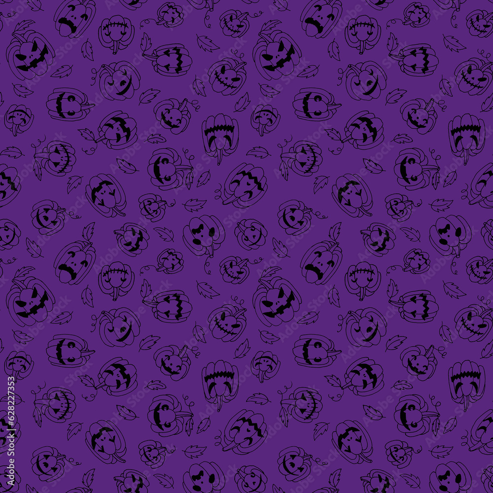 Line art autumn holiday halloween seamless pattern with different black pumpkins with creepy spooky eyes and smiles.Fall background in purple color.Print cards, invitation, design elements. Line art autumn holiday halloween seamless pattern with different black pumpkins with creepy spooky eyes and smiles.Fall background in purple color.Print cards, invitation, design elements.