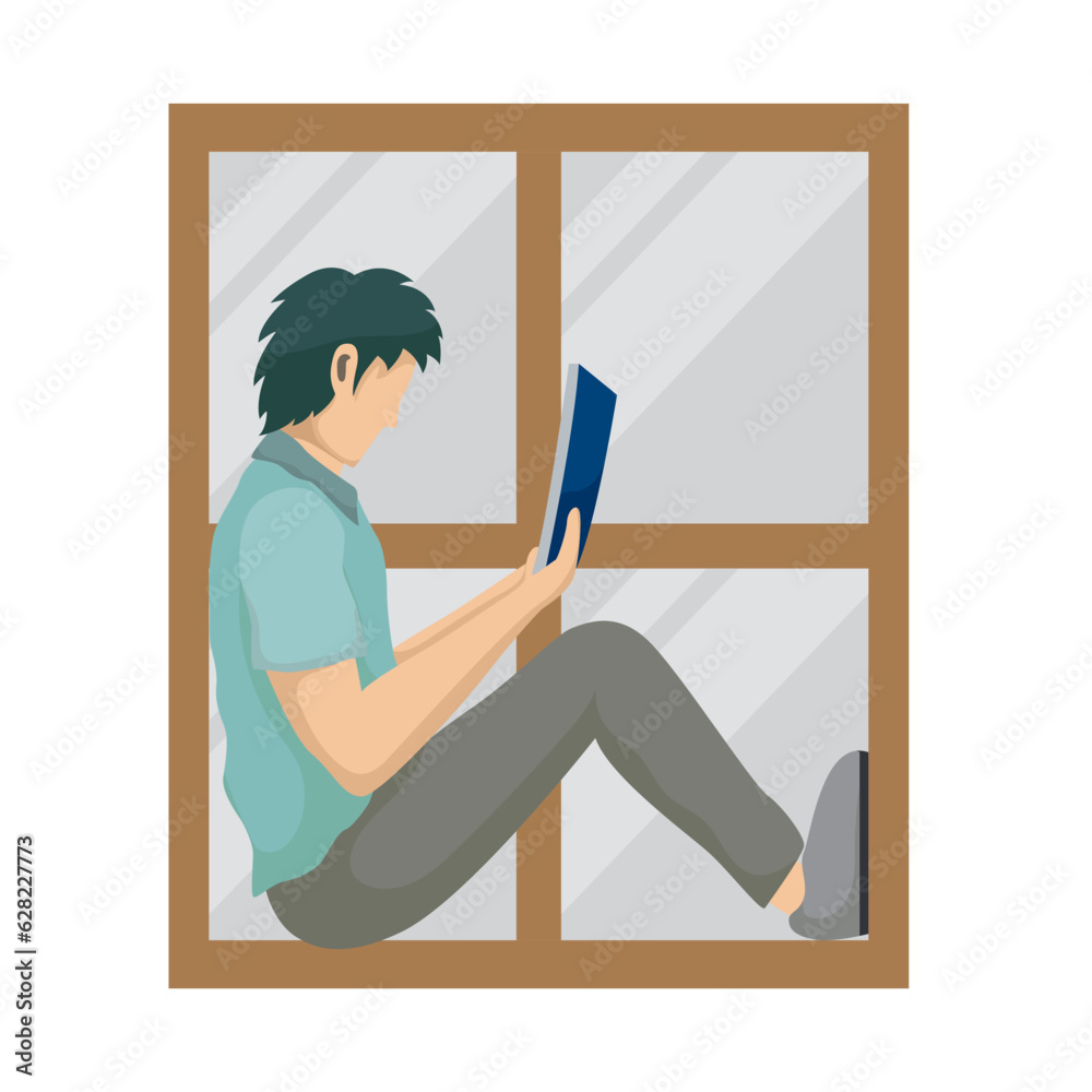 man reading a book in the window of the house man reading a book in the window of the house