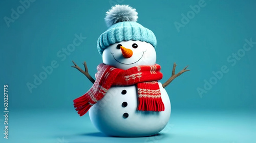 Foto happy jolly snowman on blue background, AI Generated