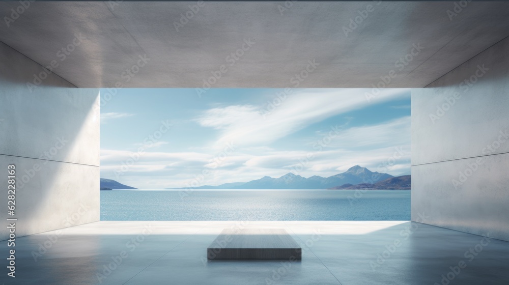 Abstract empty minimal open space concrete inerior with a podium and an ocean view, 3d rendering