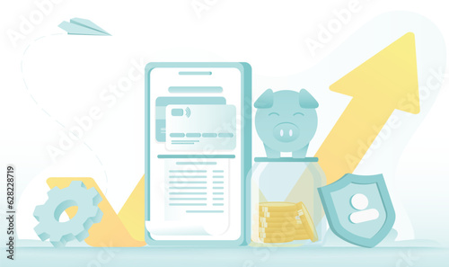 Online bill payment, digital statement on your credit card. E-commerce, online shopping, currency exchange, accumulation, transaction, fee on mobile banking device. Flat vector design illustration.