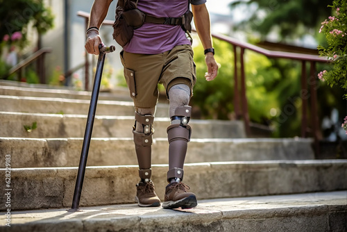 Low angle view at disabled young man with prosthetic leg walking along the street, AI Generated
