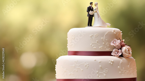 Close-up of figurine couple on wedding cake