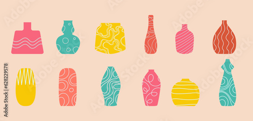 Vector set clay vases with different shapes and forms. Geometric pottery. Vector illustration
