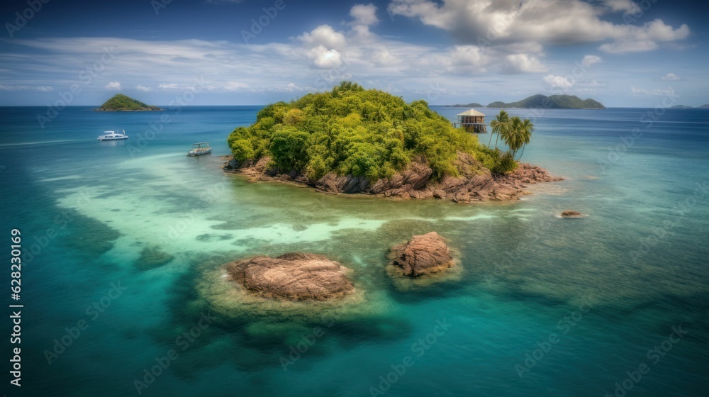 Fototapeta premium Tropical island in the ocean with palm trees and clear water Created with Generative AI technology.