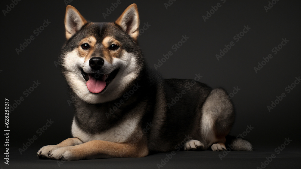 Smiling Shiba Inu sitting on the black backdrop background Smiling Shiba Inu sitting on the black backdrop background