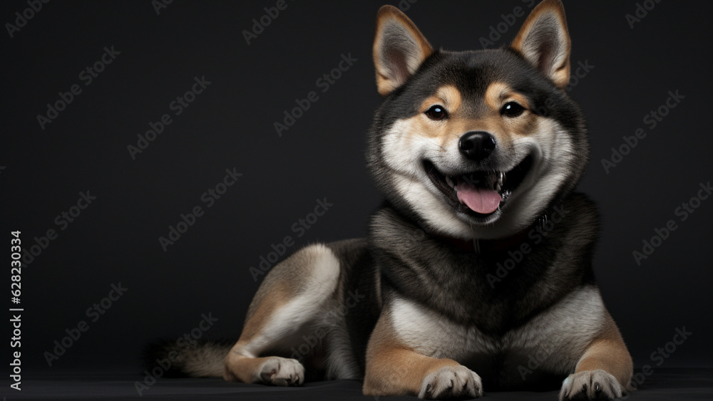 Smiling Shiba Inu sitting on the black backdrop background