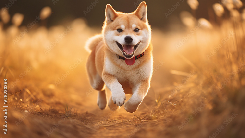 Smiling Shiba Inu running on the dirt field with joyful mood