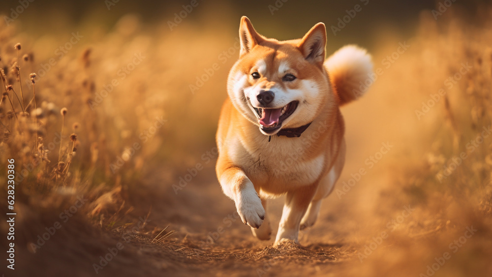 Smiling Shiba Inu running on the dirt field with joyful mood Smiling Shiba Inu running on the dirt field with joyful mood
