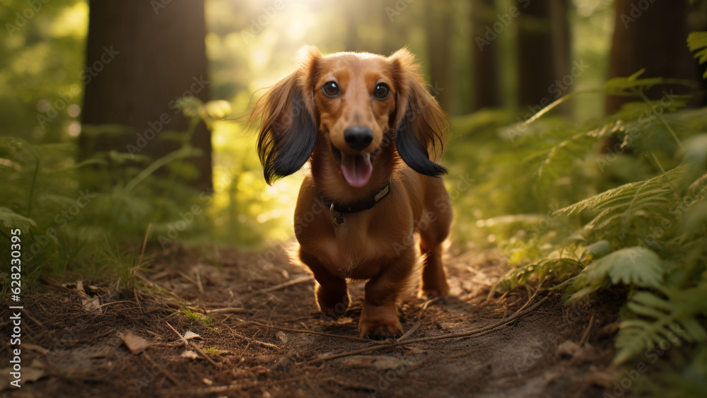 Smiling Dachshund walking in the forest