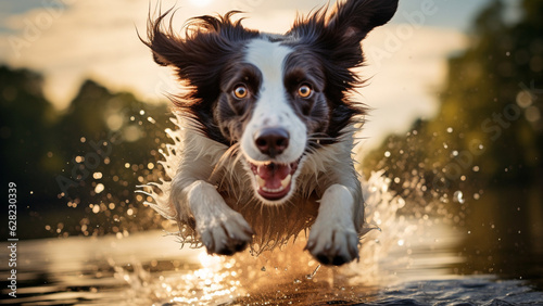 Active Border Collie running fastly with splashing water in the background