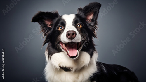 Smiling Border Collie sitting on the gray backdrop background