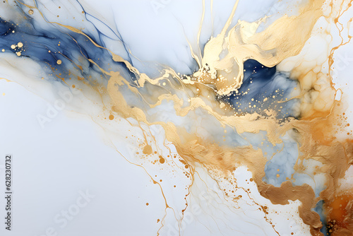 Minimalist Bright white background with dark blue alcohol ink and gold glitter. AI generated illustration for poster, banner, cover, packaging