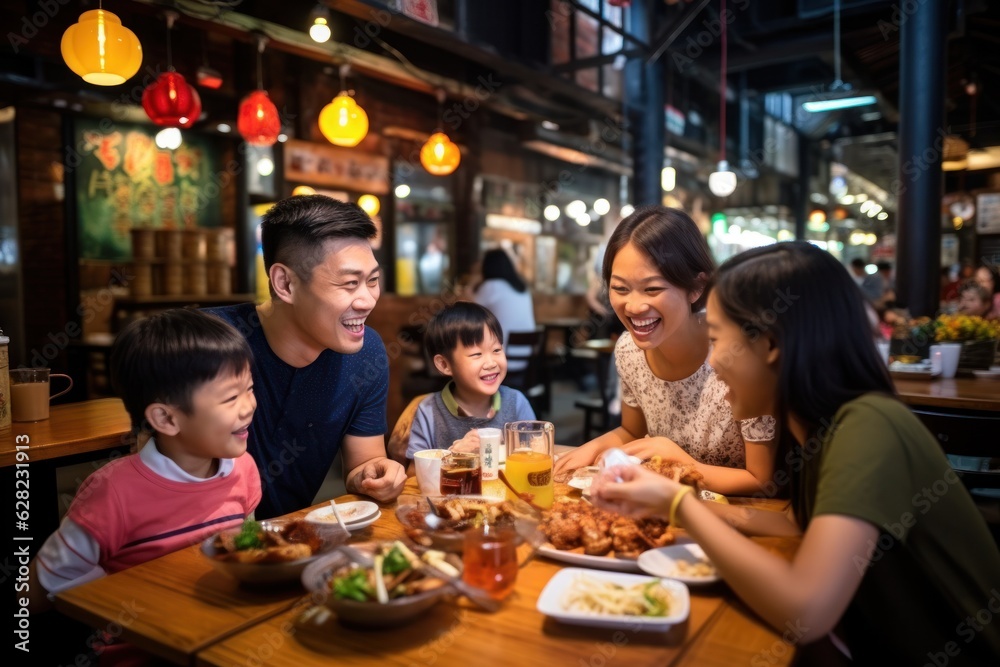 Asian family dining at busy street food restaurant in Bangkok, Thailand