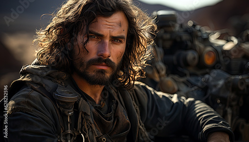 handsome post apocalyptic survivor adventurer with beard and long hair . generative ai