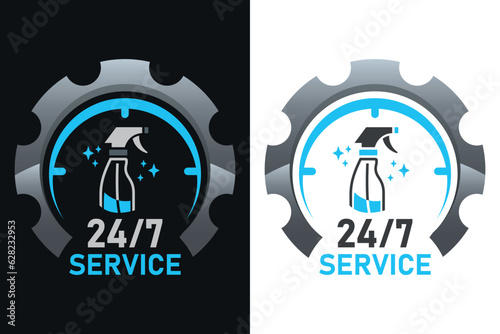 Reinigungsfirma, Hausarbeit, Putzen, Hausputz - Logo mit Sprühflasche im Zahnrad - 24/7 Service