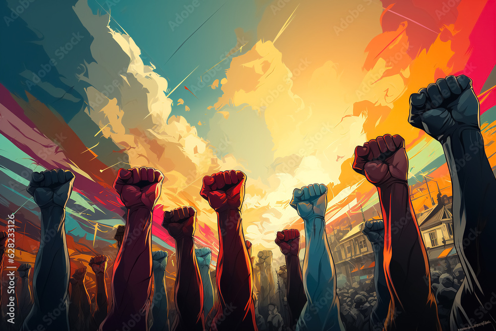 Protest, stop racism, equality concept. Fight for your rights. People of different nationalities and races raise up fists. Generative Ai - obrazy, fototapety, plakaty 