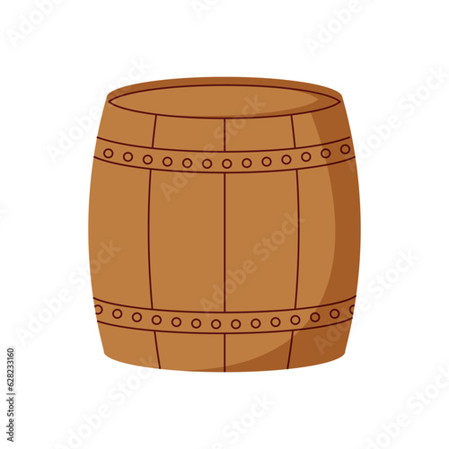 Wooden barrel for wine or beer. Cask from oak wood with copper or iron rings