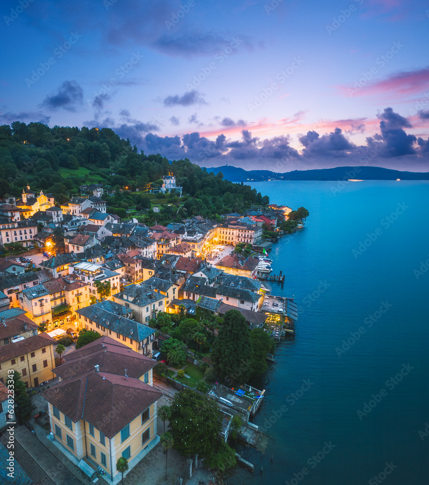 Aerial view of town of Orta San Giulio during dusk, Novara, Piedmont, Italy.