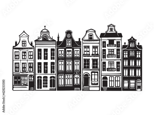 Houses facades in a row, Amsterdam hand drawn illustration.	

