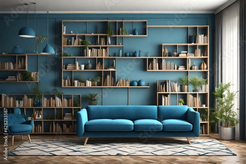 Interior of modern living room with blue sofa, bookshelf and shelves, 3d illustration.