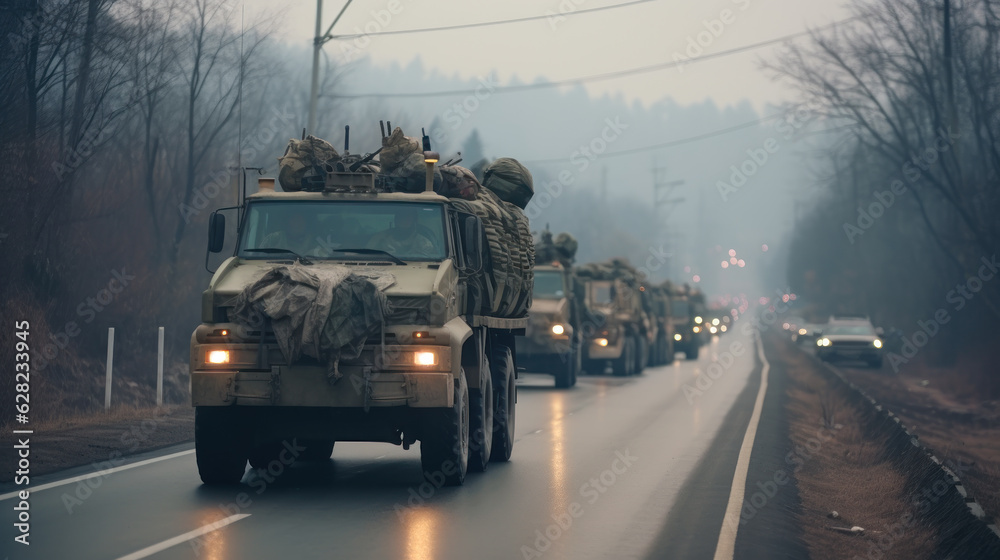 column of military equipment, military vehicles on the road generative ai