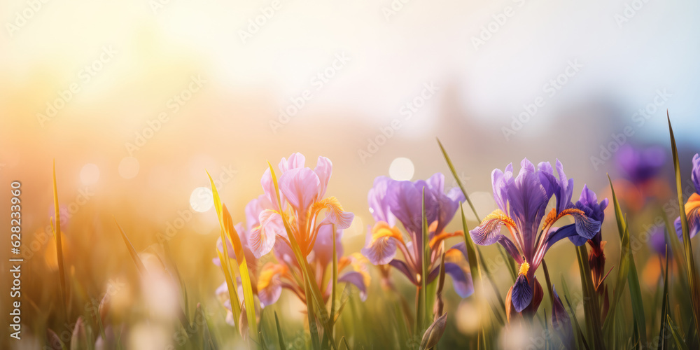 Iris Flowers in meadow, blurred background. Beautiful floral backdrop for greeting card for Birthday, Mother's day, Holiday, Women's day, Father's day, Wedding. Generative ai illustration Iris Flowers in meadow, blurred background. Beautiful floral backdrop for greeting card for Birthday, Mother's day, Holiday, Women's day, Father's day, Wedding. Generative ai illustration