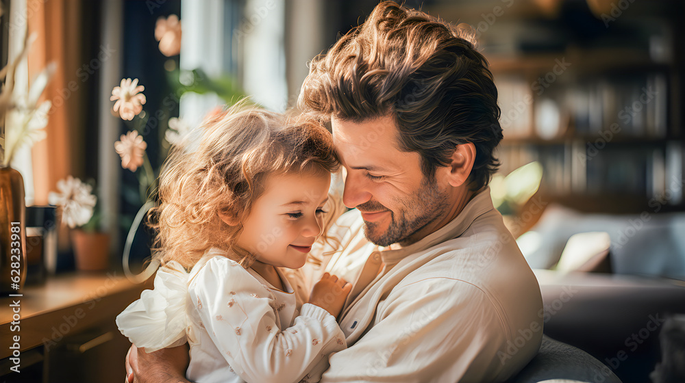 Beautiful moment of a father holding his daughter in his arms and smiling in his living room. Concept of love, family and father