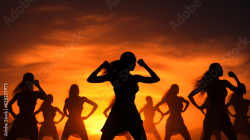 woman team dancing silhouette on sun background generative ai