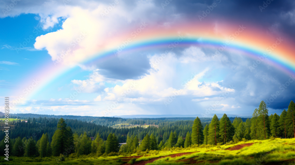 Obraz premium colorful rainbow over the forest generative ai