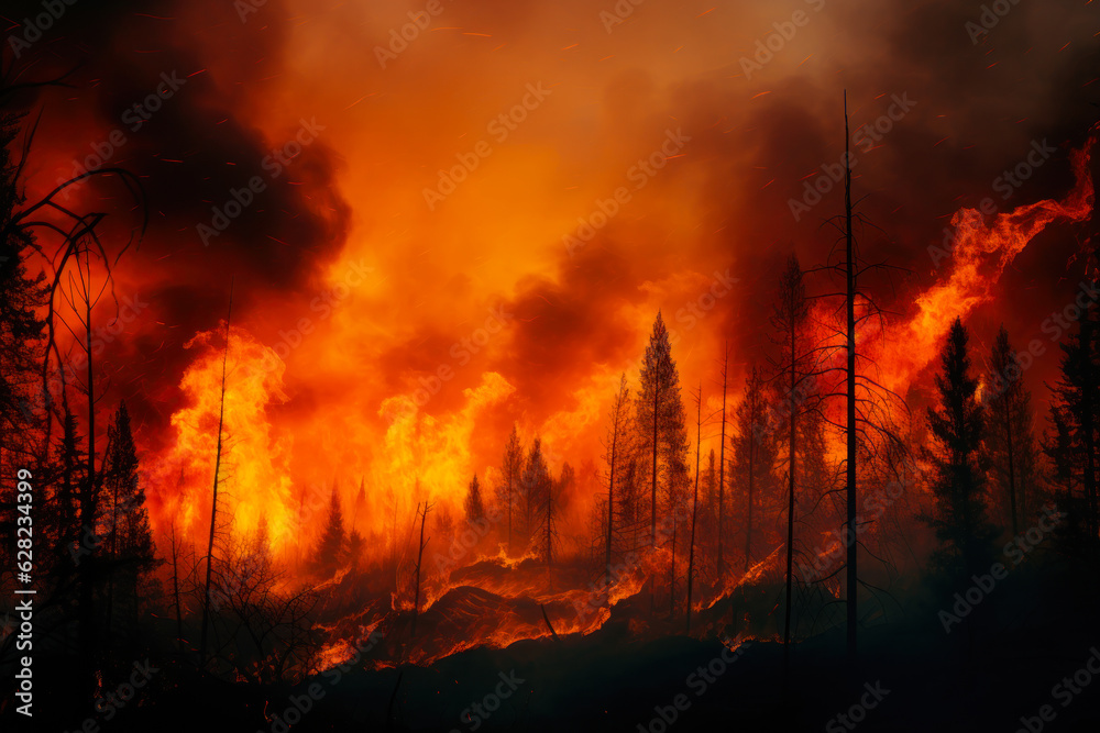 fire safety in the forest, orange flames engulfed the trees generative ai