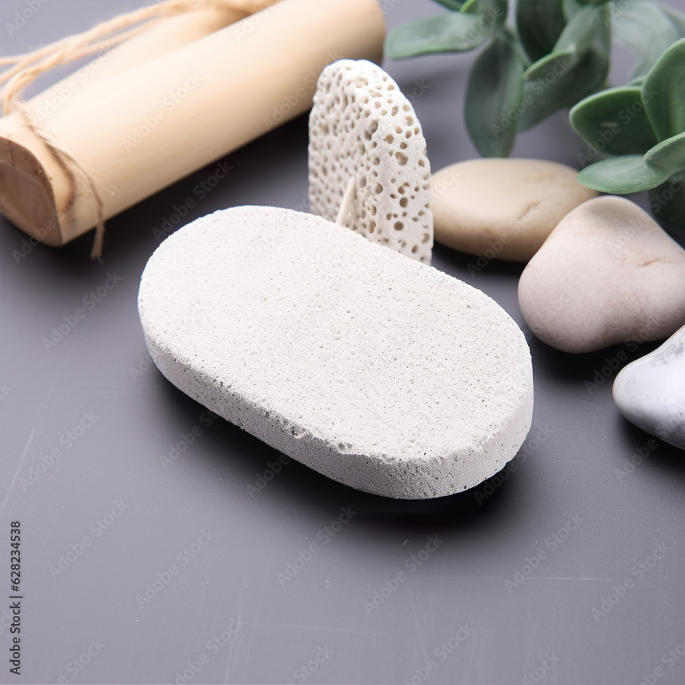 Natural white pumice stone for skin exfoliation. Pumice stone in bath concept. Volcanic rock or pumice exfoliating cosmetics. Realistic 3D illustration. Generative AI Natural white pumice stone for skin exfoliation. Pumice stone in bath concept. Volcanic rock or pumice exfoliating cosmetics. Realistic 3D illustration. Generative AI