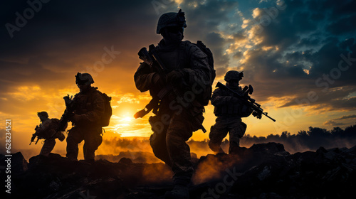 military soldiers storm enemy positions on sunset background generative ai