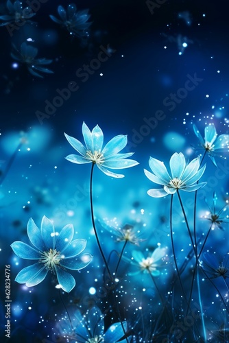 Magic white flower on blue spectrum in the dark like a dream Created with Generative AI technology.