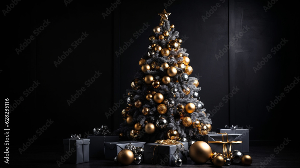 Weihnachtsbaum mit goldenen Kugeln und Geschenken vor dunklen Hintergrund