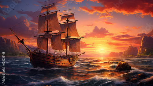 Old ship in sea sunset, Bright color. Generative Ai © RUMA